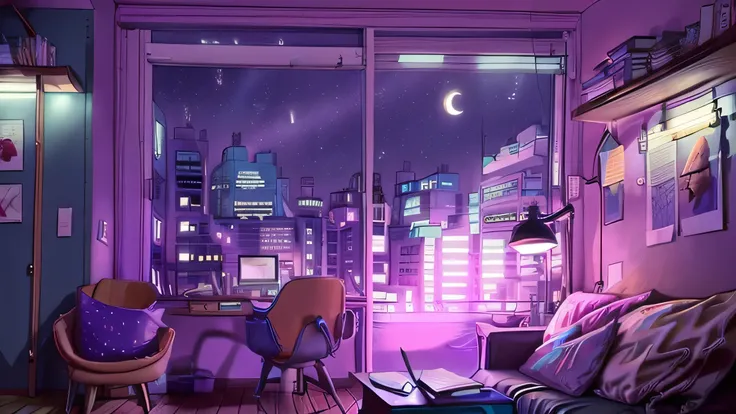 Quiet Town View, Nighttime, Study Room, High Floor Apartment, Large Window, City Nightscape, Starry Sky, Moonlight, Young Woman Studying, Desk, Books, Notebooks, Laptop, Pen, Smartphone Playing Music, Coffee Cup, Steam, Warm Light, Cozy Atmosphere, Focused...