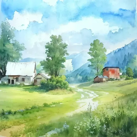 painting a rural scene with a road and a house, Watercolor Landscape, rough Watercolor painting, detailed Watercolor painting, Watercolor, rural scenery, watercolor on paper, Watercolor painting, Rural landscape, landscape painting, a Watercolor painting, ...