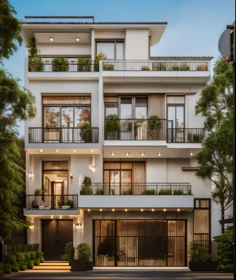 (townhouse in city ,close houses and trees), (indochine style architecture) daylight ( best quality) ((high solution)) ,(( photo...