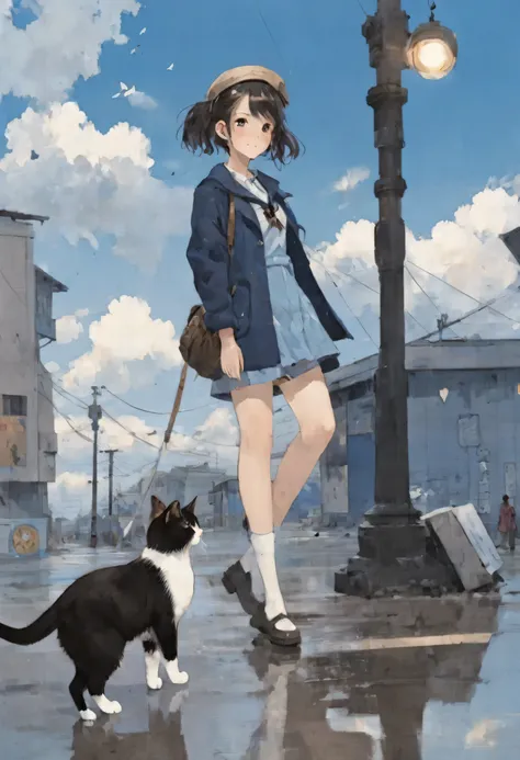 interesting,chaoasterpiece、
4-color palette,
a girl and a stray cat、sky after rain、blue sky、a confident pose、watseixl
[(detailed...