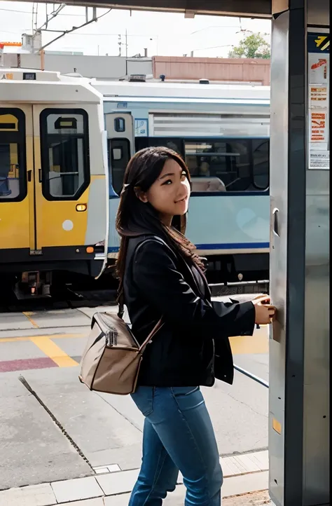 An Asian female college student carries a bag and enters the carriage at the light rail station to catch the train. 