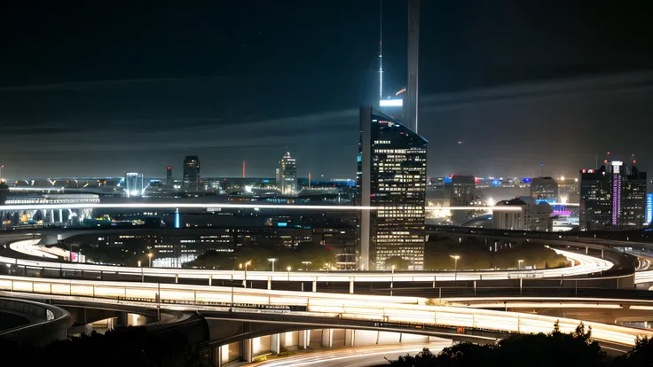 High-definition hyper-realistic photorealistic professional photography of futuristic freeway with flying cars in the foreground and panoramic cityscape of a futuristic city with technologically advanced skyscrapers and dystopic buildings in background. Ot...