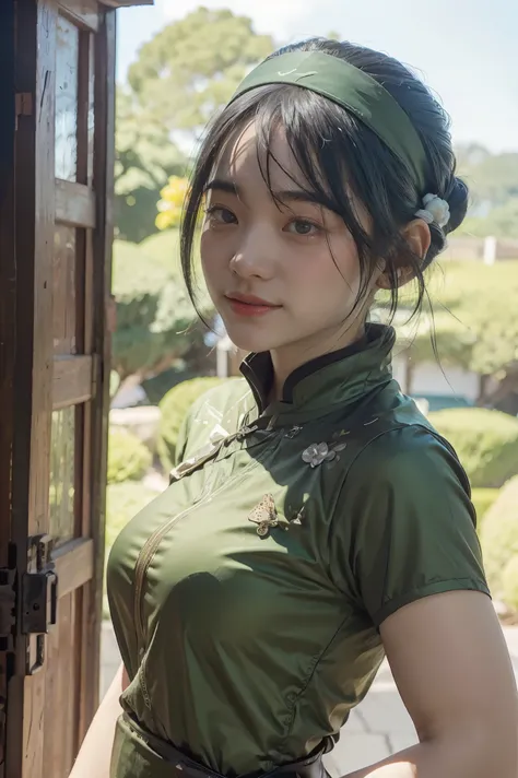 Toph beifong from avatar, ((Toph beigong)), earthbender clothes, earth tribe clothes, toph clothes, large breasts and wide hips, perfect and full lips, round grat eyes looking at the viewer, ((Lana Condor)), pale skin, curvy body, avatar the legend of aan...