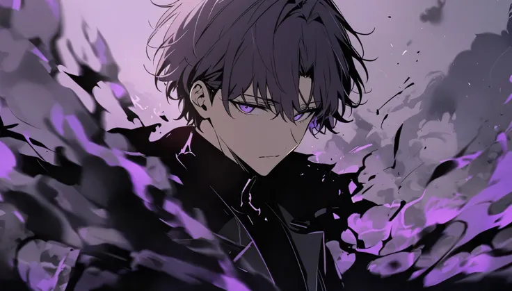 good looking, alone, male, short hair,, dark lavender hair, purple eyes, black shirt, black pants, black coat, purple flame