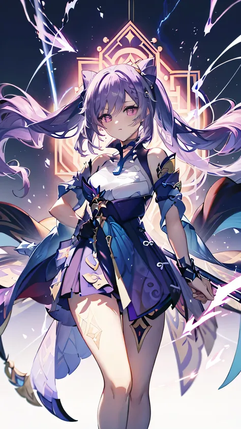 masterpiece, best quality, 1girl, keqing, genshin impact, purple hair, blue hair, cute, purple hair, sword, purple lightning, hi...