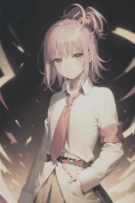 Masterpiece, best quality, 1 girl, alone, hair accessories, tie, yellow eyes, pink hair, red tie, smile, x hair accessories, looking at the audience, heart, upper body, jacket, short hair, shirt, armband, star (symbol), long sleeves, necklace, shut up, spa...