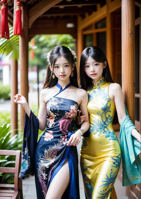 (masterpiece, highest quality, highest quality, Official Art, beautifully、beautiful:1.2), (2 girls), Very detailed,(Fractal Art:1.3),Colorful Chinese dress detail, Background with fractals and details of various flowers and tropical plants、Great elegance