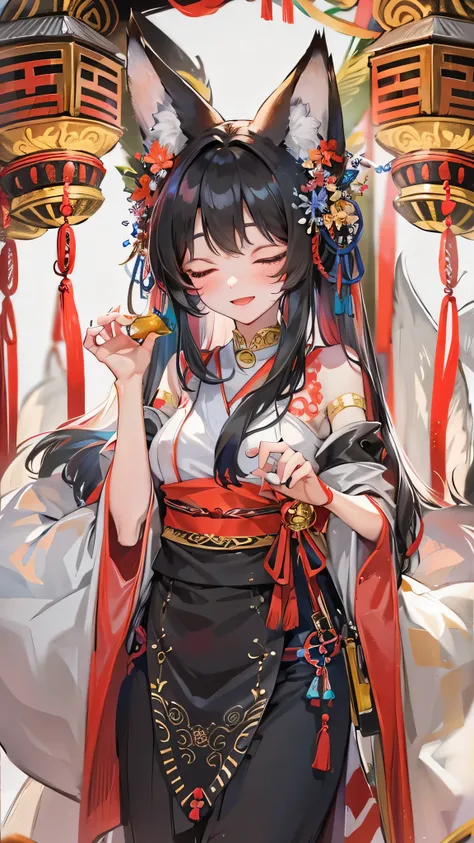 (fox paws hand) (fox paws put on hair) (solo blunt bangs black hair long hair with padcute girl, sexy closed eyes, sexy smile, head with fox paws, fox ear), (in a shrine maiden clothes), break, perfect anatomy, masterpiece, best quality, 16k, beautiful det...