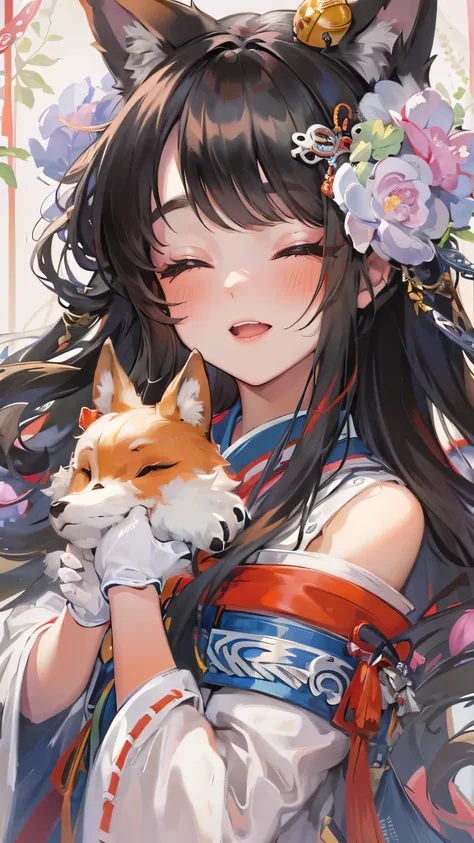 (both hands are Paw Gloves) (hair accessory is paw hairpin) (solo blunt bangs black hair long hair with paws cute girl, lovely closed eyes, love smile, head with fox paws, fox ear), (in a shrine maiden clothes), break, perfect anatomy, masterpiece, best qu...