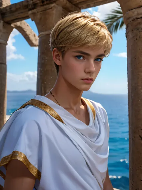 portrait, 1boy, 17 years old, wears greek toga, ancient greece, handsome, greek model, blonde boy, blue eyes, symmetrical, focus...