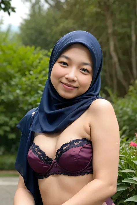 Malay hijab girl wearing small burgundy color satin strapless bra and panties portrait photography, mid shot photo, ultra detail, professional photograph with professional lighting, smile, at the garden, outdoor background, curly hair, sexy seducing pose, ...