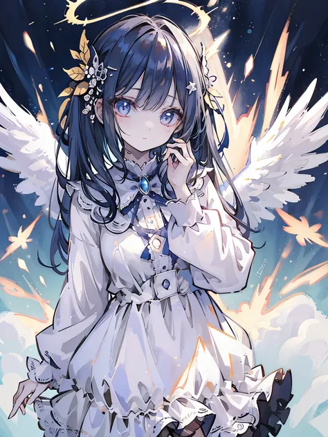 tmasterpiece, (Best quality:1.2), [:Complicated details:0.2], 1 plump girl,  Angelic, the angels wings, White frills, (Daytime sky), A flashing halo, intense concentration, Burst energy, mystic symbols, scintillation particles,