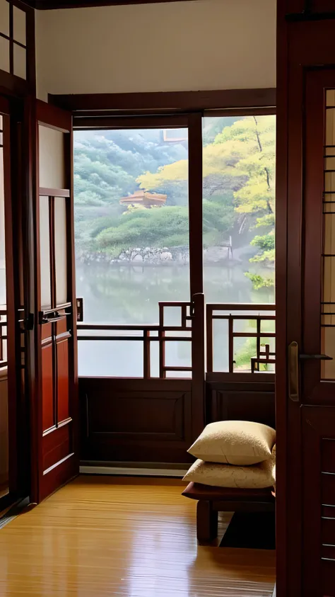 chinese traditional ink style。Good place to spare poetry books on the pillow，The scenery in front of the door is rainy。