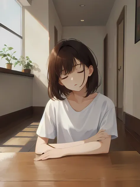 Masterpiece, surreal, 4k, a girl, short brown hair, white t -shirt, she fell asleep on the table,