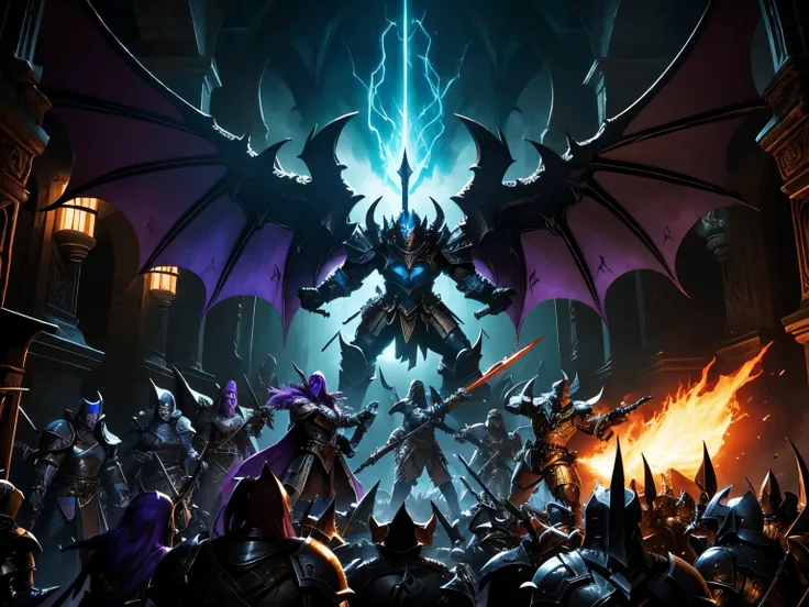 Paladins versus demons, a group of people in armor and weapons in a dark room, epic battle scene, action rpg video game, screenshot from the game, epic fantasy style, game dungeons and dragons, screenshot from game, powerful fantasy epic legends, motu, for...