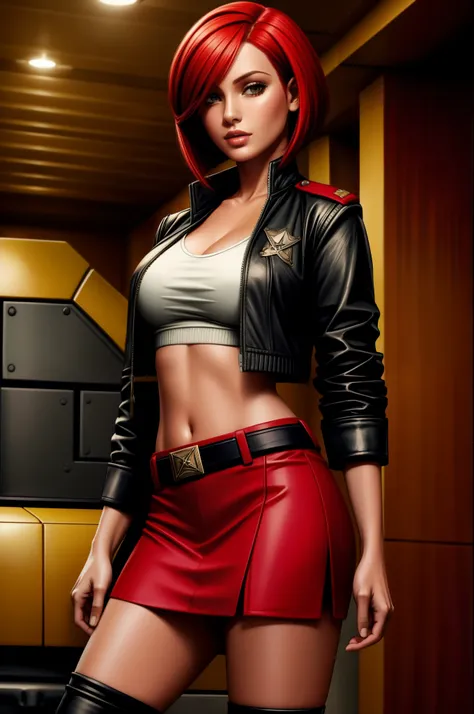 red bob cut, beautiful woman, starship captain, short jacket, cowboy shot, flirty, military bearing, standing, pirate, midriff, short skirt