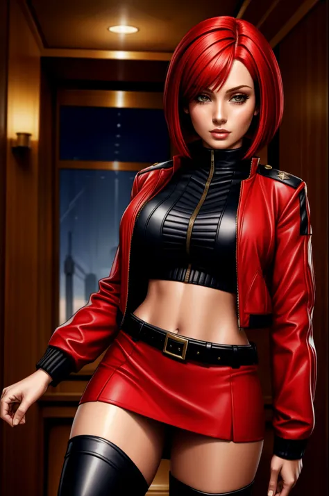 red bob cut, beautiful woman, starship captain, short jacket, cowboy shot, flirty, military bearing, standing, pirate, midriff, short skirt