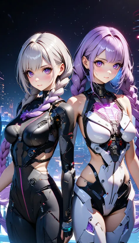 Complex 3D RendeRing ,Beautiful poRcelain contouRed mechanical female,man and woman standing back-to-back looking at the viewer,yinji , purple hair,purple eyes,very long hair,grey hair,double braid,gradient hair, cyboRg, integRated ciRcuit paRts, Rim light...