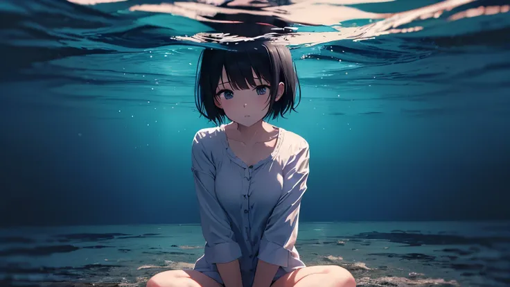 Anime, Ocean, dreamlike and surreal atmosphere, no splashing, Dark Grey lighting, Woman is underwater, Woman wearing pajama shirt and pajama pants, Woman is sitting on the sea floor, Woman has short black hair, Woman sitting with her arms around her knees