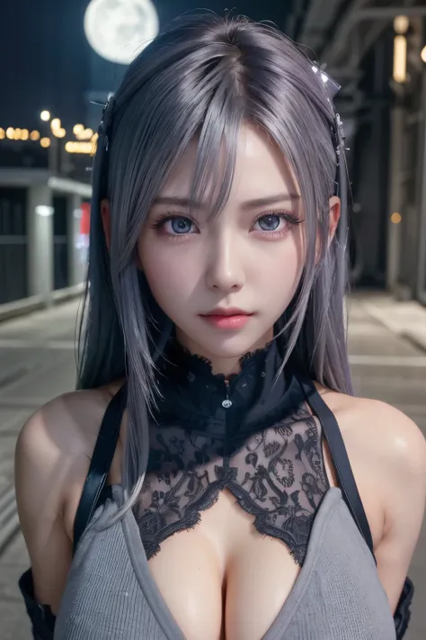 girl, full body, beautiful face, silver color hair, high detailed real eye, high quality pupil, double eyelid, beautiful tits, cyber punk suit, high detailed real skin, high quality skin, Abandoned Factories, night moon, professional lighting, real shadow,...