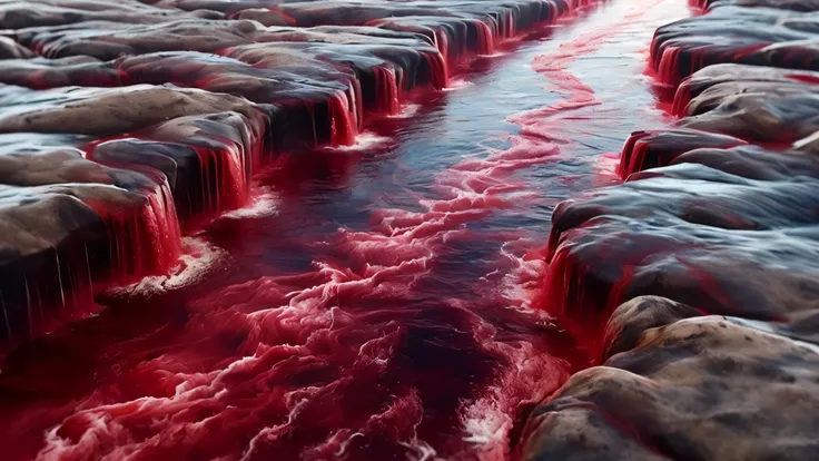 a close up of a river with red water flowing through it, lago de sangue turbulento, rios de lava vermelha, rio de sangue, rio sangrento no inferno, pools of blood, fluido vermelho, some red water, cover with a lot of red water, Mar de Sangue, rios de sangu...