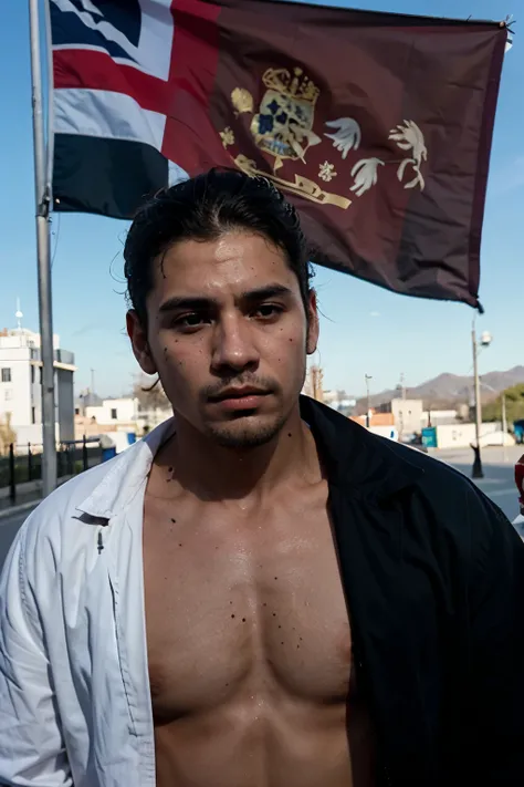 Un hombre latino  muerto sobre el asfalto y su propia sangre. El cielo es negro e invernal. You can see the British flag. 