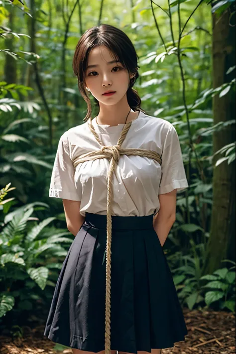 A beautiful woman who has been  and tied up、Well-formed face、Well-balanced proportions、Beautiful legake your eyes even、Hands tied with rope、Dark short-sleeved shirt、skirt、Facing forward、Standing in the woods、２１talent、Medium build、Like real life、highest qua...