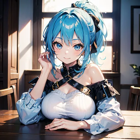 Anime Moe Art Style,highest quality,High resolution,Anatomically correct,One Girl,Mid-teens,A girl with light blue hair in a ponytail,Super detailed,Fantasy World,Off-the-shoulder tops,mini skirt,Big Breasts,A rich expression,smile,Resting her breasts on t...