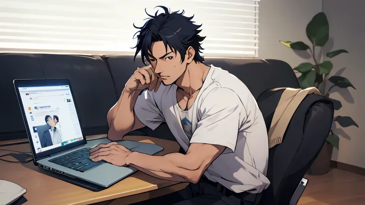 homem arafiado sentado em uma mesa com um laptop e fones de ouvido, Estilo Hirohiko Araki, Makoto Shinka, tomohiro shimoguchi, norihiro yagi, Tatsuya Endo, miyamoto abduzeedo, takumi fujiwara, Takeyuki Kanda, daigo ikeno, estilo hiroaki tsutsumi