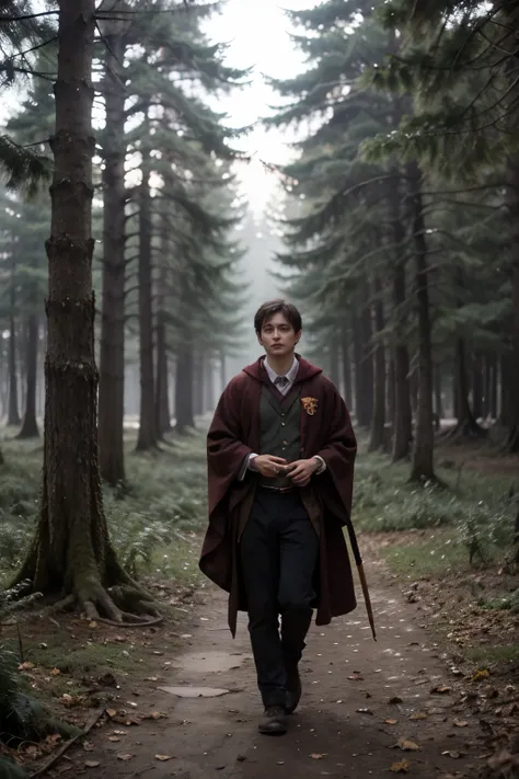 "Harry Potter walking through a dense, mysterious forest at dusk. He is holding his wand in his right hand, which emits a faint, magical glow. Harry is wearing his Hogwarts uniform, including the Gryffindor robe, and has a determined expression on his face...