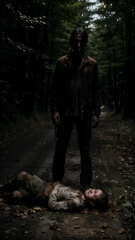 A creepy  wearing bloody, scary clothes is standing on a dark night in the middle of a forest road. A man lies on the ground, and she holding one of his legs and pulling him by his leg a man.