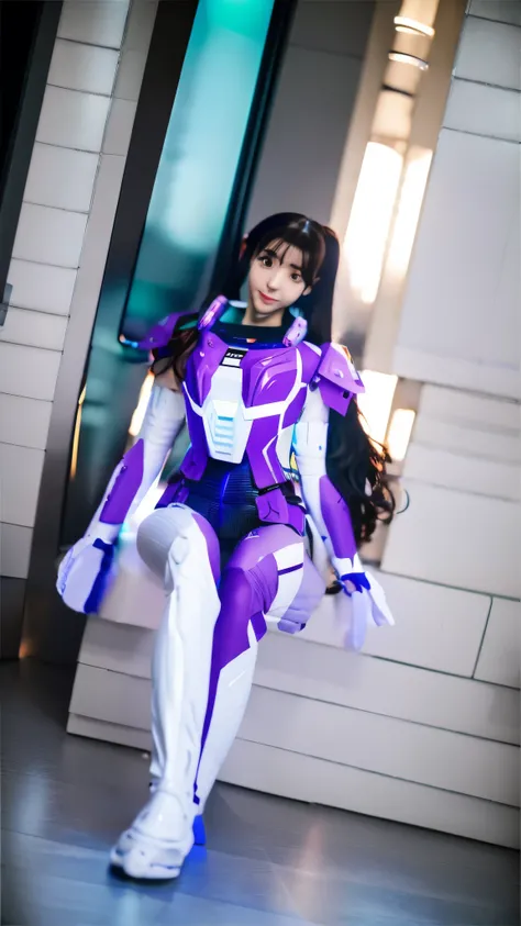 RAW, Masterpiece, Ultra Fine Photo,, Best Quality, Ultra High Resolution, Photorealistic, Sunlight, Full Body Portrait, Stunningly Beautiful,, Dynamic Poses, Delicate Face, Vibrant Eyes, a full body of a woman in a purple and white gundam custume, dybamic ...