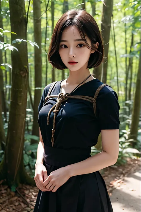 A beautiful woman who has been  and tied up、Well-formed face、Well-balanced proportions、Beautiful legake your eyes even、Hands tied with rope、Dark short-sleeved shirt、skirt、Facing forward、Standing in the woods、２１talent、Medium build、Like real life、highest qua...