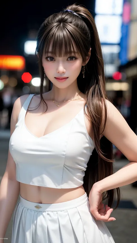 highest quality、Natural Lip、Fair skin、Great light、Beautiful lighting、((Straight hair))、((Ponytail Hair))、((Black Hair))、Blunt bangs、Off the shoulder、Large Breasts、Large Breastsの谷間、White crop top、mini skirt、Gorgeous Accessories、Harajuku at night、smile、かわいいs...