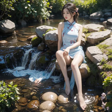 Full body front view，16-year-old girl，Elf Girl，Bathing in the outdoor river，Soak in water，Wearing cheongsam，Light blue cheongsam，The cheongsam is more transparent，2b