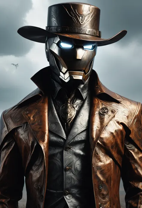 bpe-illuminati cinematic scene, iron man half mask, gunslinger, damascus, rust hue, grim black cowboy hat, long rugged raincoat ...