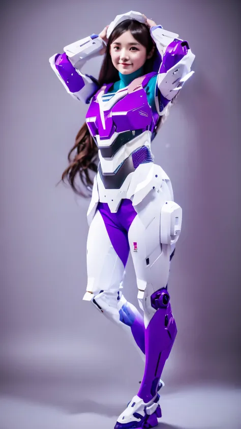 RAW, Masterpiece, Ultra Fine Photo,, Best Quality, Ultra High Resolution, Photorealistic, Sunlight, Full Body Portrait, Stunningly Beautiful,, Dynamic Poses, Delicate Face, Vibrant Eyes, a full body of a woman in a purple and white gundam custume, dybamic ...