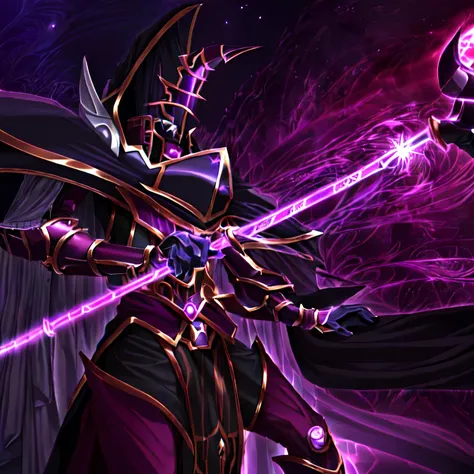 personaje de anime con capa morada y capa morada sosteniendo una espada, cetro, karthus de liga de leyendas, estilo yugioh, holding a cetro, warlock sumerge, un brujo todopoderoso, yugioh art style, liche demon mage class, hermoso dios masculino de la muer...