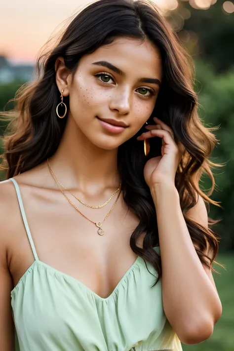 A Brazilian girl with black, wavy hair cascading down her shoulders, framing her striking green eyes, is captured in an ultra-realistic image. Her delicate features accentuate her pretty face and the presence of a few small freckles adds to her charm. Dres...