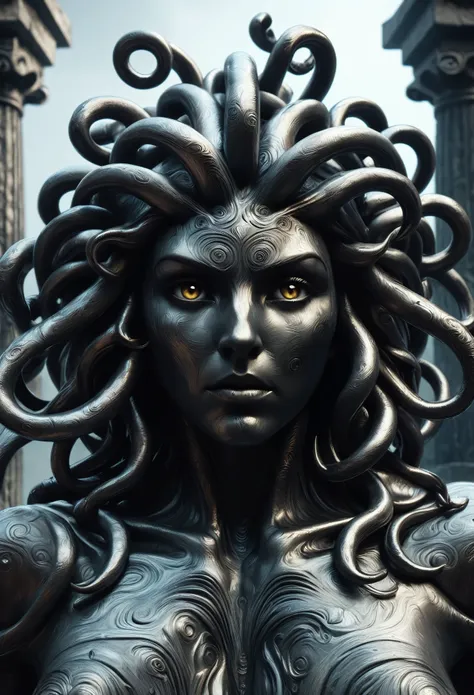 photorealistic, best quality, the dark creature made out stone stares at the camera, character medusa, in the (style of liquid m...