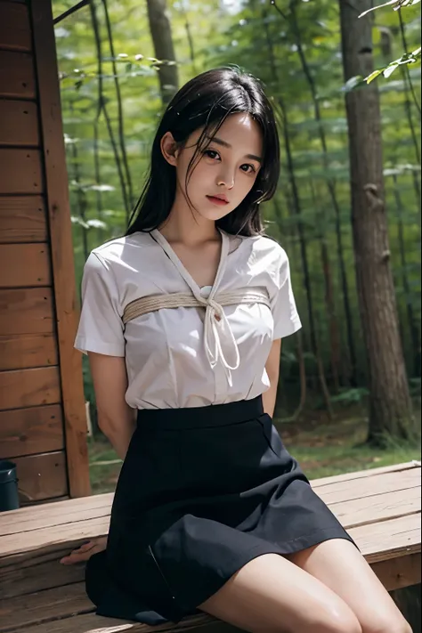 A beautiful woman who has been  and tied up、Well-formed face、Beautiful black hair、Well-balanced proportions、Beautiful legake your eyes even、Hands tied with rope、Dark short-sleeved shirt、skirt、White panties are visible、Facing forward、sitting in front of a c...