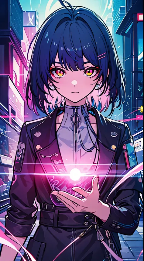 glowing eyes, colourful glowing hair, wearing sci-fi jacket, anime style, high detail, futurism, glowing light, uhd, retina, mas...