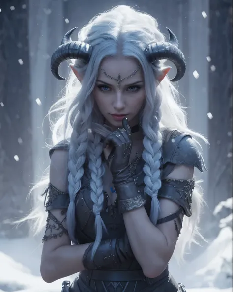 Create a character with great quality and resolution, worthy of a movie villain. a pale blue skinned woman with horns standing in the snow, inspired by WLOP, white braided hair, very translucent jellyfish. Make sure the characters entire body is visible, f...