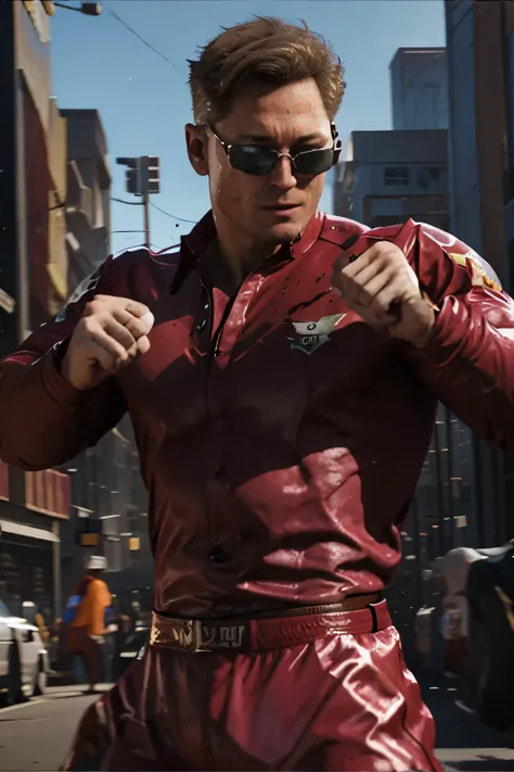 (Johnny Cage), cocky smirk, sunglasses, fighting, fists, Mortal Kombat, Character Design, dynamic lighting, cool and bright colors, red suit, trouser, upper body shot, blood