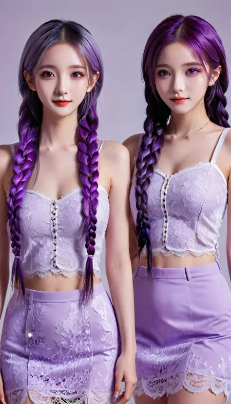 (top quality, 8k, masterpiece: 1.3)), two girls standing back-to-back looking at the viewer，yinji , purple hair,purple eyes,very...