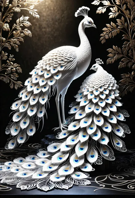 best quality, a stunning artwork of a beautiful white peacock, intricately detailed, (best shadow), elegant, volumetric lighting...