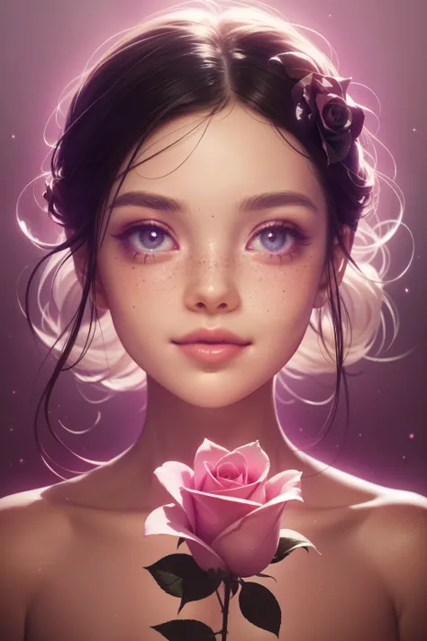 (This is a beautiful, intricate, (romatic) fantasy image that emphasizes beauty and grace.) Generate a blind curvy woman with milky eyes and soft natural freckles. Her face is important and should be (perfectly formed) with (beautiful puffy lips) and (perf...