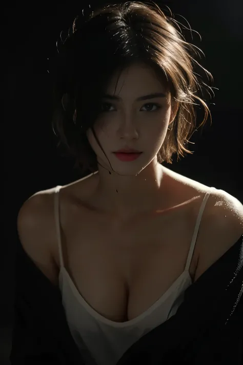 Best quality, masterpiece, ultra high res, (photorealistic:1.5), raw photo, 1girl,, in the dark, deep shadow, low key, cold light, sexy look, short hair, smooth , sexy, wet