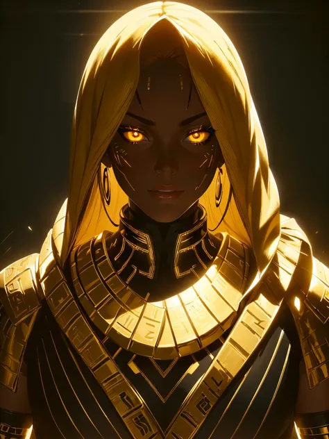 (best quality,highres,ultra-detailed:1.2),close-up of the face of a mummy,covered in bandages with golden hieroglyphics,detailed,golden and glowing eyes,vivid and intense colors,dark circles,realistic,graphic art,terror