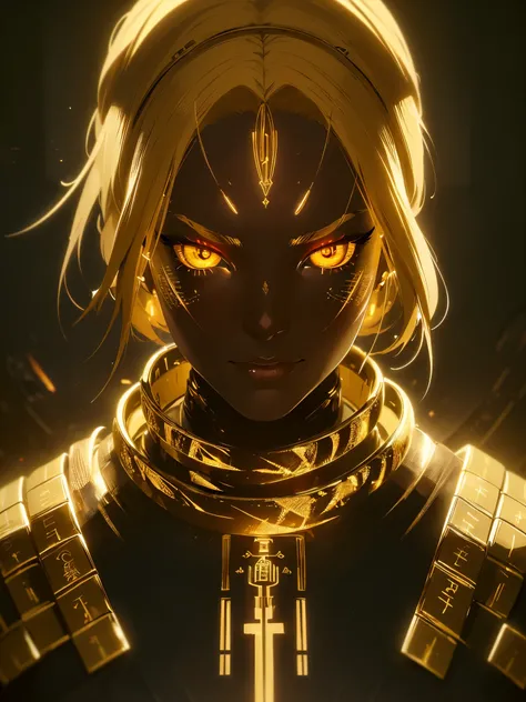 (best quality,highres,ultra-detailed:1.2),close-up of the face of a mummy,covered in bandages with golden hieroglyphics,detailed,golden and glowing eyes,vivid and intense colors,dark circles,realistic,graphic art,terror